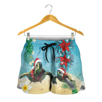 Hawaiian Mele Kalikimaka Shorts for Women Xmas Turtles and Tropical Plants with Red Poinsettia Watercolor Style - Polynesian Pride