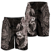 Hawaiian Plumeria and Hibiscus with Turtles Shorts for Men Polynesian Art Grayscale - Polynesian Pride