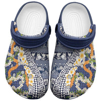 Hawaiian Plumeria Lei Clogs Shoes Kakau Motifs and Palaka Half Style Blue Color - Polynesian Pride