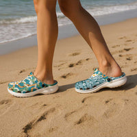 Hawaiian Plumeria Lei Clogs Shoes Kakau Motifs and Palaka Half Style Turquoise Color LT03 - Polynesian Pride