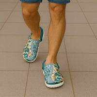 Hawaiian Plumeria Lei Clogs Shoes Kakau Motifs and Palaka Half Style Turquoise Color - Polynesian Pride