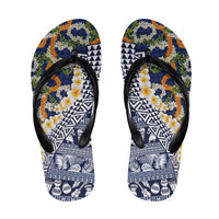 Hawaiian Plumeria Lei Flip Flops Kakau Motifs and Palaka Half Style Blue Color - Polynesian Pride
