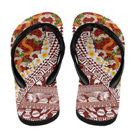 Hawaiian Plumeria Lei Flip Flops Kakau Motifs and Palaka Half Style Red Color - Polynesian Pride