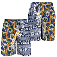 Hawaiian Plumeria Lei Shorts for Men Kakau Motifs and Palaka Half Style Blue Color - Polynesian Pride