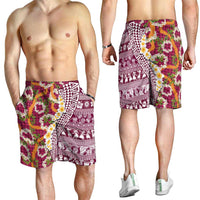 Hawaiian Plumeria Lei Shorts for Men Kakau Motifs and Palaka Half Style Pink Color LT03 - Polynesian Pride