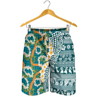 Hawaiian Plumeria Lei Shorts for Men Kakau Motifs and Palaka Half Style Turquoise Color LT03 - Polynesian Pride
