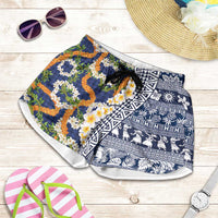 Hawaiian Plumeria Lei Shorts for Women Kakau Motifs and Palaka Half Style Blue Color - Polynesian Pride