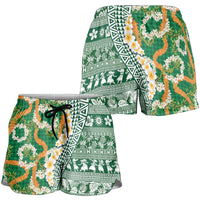 Hawaiian Plumeria Lei Shorts for Women Kakau Motifs and Palaka Half Style Green Color - Polynesian Pride