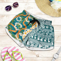 Hawaiian Plumeria Lei Shorts for Women Kakau Motifs and Palaka Half Style Turquoise Color - Polynesian Pride