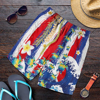 Hawaiian Sea Turtles and Plumeria Shorts for Men with Lei and Flag Grunge Style