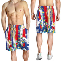 Hawaiian Sea Turtles and Plumeria Shorts for Men with Lei and Flag Grunge Style