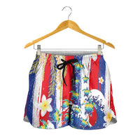 Hawaiian Sea Turtles and Plumeria Shorts for Women with Lei and Flag Grunge Style LT03 - Polynesian Pride
