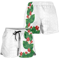 Hawaiian Taro Leaves-Hibiscus and Plumeria Shorts for Women Polynesian Art-Kakau Tattoo White