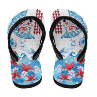 Hawaiian Tribal Manta Ray Flip Flops Kakau Tattoo and Flowers Surfing Waves Pattern Ocean Color