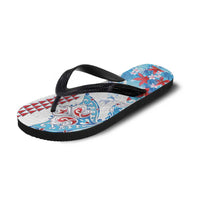 Hawaiian Tribal Manta Ray Flip Flops Kakau Tattoo and Flowers Surfing Waves Pattern Ocean Color