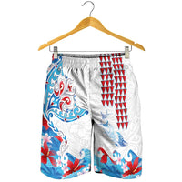 Hawaiian Tribal Manta Ray Shorts for Men Kakau Tattoo and Flowers Surfing Waves Pattern Ocean Color