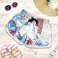Hawaiian Tribal Manta Ray Shorts for Women Kakau Tattoo and Flowers Surfing Waves Pattern Ocean Color