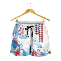 Hawaiian Tribal Manta Ray Shorts for Women Kakau Tattoo and Flowers Surfing Waves Pattern Ocean Color