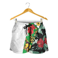 Hawaiian Tropical Flowers and Leaves Shorts for Women Leopard Pattern Half White Black Version - Polynesian Pride