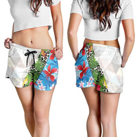 Hawaiian Tropical Flowers and Leaves Shorts for Women Leopard Pattern Half White Blue Version - Polynesian Pride