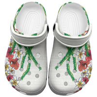 Hawaiian Tropical Flowers and Maile Pikake Clogs Shoes Polynesian Tribal Pattern White Color