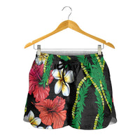 Hawaiian Tropical Flowers and Maile Pikake Shorts for Women Polynesian Tribal Pattern Black Color - Polynesian Pride