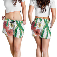 Hawaiian Tropical Flowers and Maile Pikake Shorts for Women Polynesian Tribal Pattern White Color - Polynesian Pride
