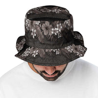 Hawaiian Tropical Flowers and Tribal Polynesian Tattoo Bucket Hat Grayscale Mode LT03