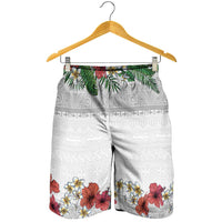 Hawaiian Tropical Flowers and Tribal Polynesian Tattoo Shorts for Men White Color LT03 - Polynesian Pride