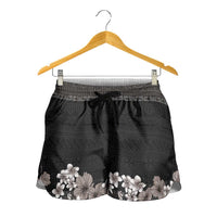 Hawaiian Tropical Flowers and Tribal Polynesian Tattoo Shorts for Women Grayscale Mode - Polynesian Pride