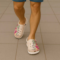 Hawaiian Tropical Flowers and Tribal Turtles Clogs Shoes Polynesian Art Motifs Beige Color - Polynesian Pride