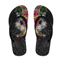 Hawaiian Tropical Flowers and Tribal Turtles Flip Flops Polynesian Art Motifs Black Color - Polynesian Pride