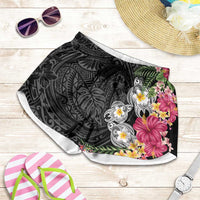 Hawaiian Tropical Flowers and Tribal Turtles Shorts for Women Polynesian Art Motifs Black Color - Polynesian Pride