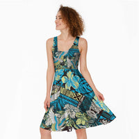 Japanese Hawaiian Crane Midi Dress Blue Tapa Patchwork Pattern LT9 - Polynesian Pride