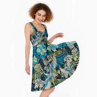 Japanese Hawaiian Crane Midi Dress Blue Tapa Patchwork Pattern LT9 - Polynesian Pride