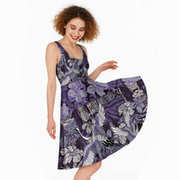 Japanese Hawaiian Crane Midi Dress Purple Tapa Patchwork Pattern