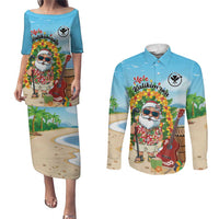 Personalized Hawaii Golf Christmas Couples Matching Puletasi and Long Sleeve Button Shirt Mele Kalikimaka Funny Golfer Santa LT01 Blue - Polynesian Pride