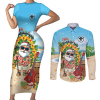 Personalized Hawaii Golf Christmas Couples Matching Short Sleeve Bodycon Dress and Long Sleeve Button Shirt Mele Kalikimaka Funny Golfer Santa LT01 Blue - Polynesian Pride