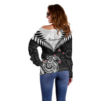 New Zealand Off Shoulder Sweater Aotearoa Maori Kiwi Black Fern LT01 - Polynesian Pride