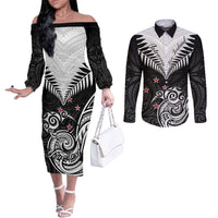 Personalised New Zealand Couples Matching Off The Shoulder Long Sleeve Dress and Long Sleeve Button Shirts Aotearoa Maori Kiwi Black Fern LT01 Black - Polynesian Pride