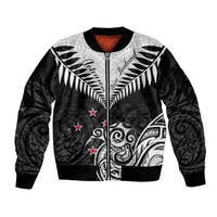 Personalised New Zealand Sleeve Zip Bomber Jacket Aotearoa Maori Kiwi Black Fern LT01 Unisex Black - Polynesian Pride