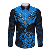 Personalised New Zealand Long Sleeve Button Shirt Aotearoa Blue Maori Kiwi Blue Fern LT01 Unisex Blue - Polynesian Pride