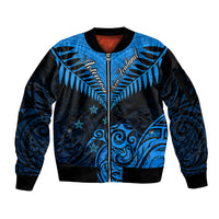 Personalised New Zealand Sleeve Zip Bomber Jacket Aotearoa Blue Maori Kiwi Blue Fern LT01 Unisex Blue - Polynesian Pride