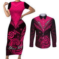 Personalised Aotearoa Couples Matching Short Sleeve Bodycon Dress and Long Sleeve Button Shirts Maori Kiwi Pink Fern LT01 Pink - Polynesian Pride