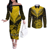 Personalised Aotearoa Couples Matching Off The Shoulder Long Sleeve Dress and Long Sleeve Button Shirts Maori Kiwi Yellow Fern LT01 Yellow - Polynesian Pride