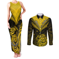 Personalised Aotearoa Couples Matching Tank Maxi Dress and Long Sleeve Button Shirts Maori Kiwi Yellow Fern LT01 Yellow - Polynesian Pride