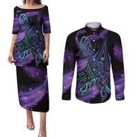 In September We Wear Teal And Purple Couples Matching Puletasi and Long Sleeve Button Shirt Magic Ribbon Semicolon LT01 Purple - Polynesian Pride