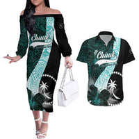 Chuuk Constitution Day Couples Matching Off The Shoulder Long Sleeve Dress and Hawaiian Shirt Hibiscus Turquoise Pattern LT01 Turquoise - Polynesian Pride