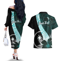 Chuuk Constitution Day Couples Matching Off The Shoulder Long Sleeve Dress and Hawaiian Shirt Hibiscus Turquoise Pattern LT01 - Polynesian Pride