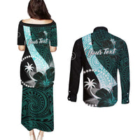Chuuk Constitution Day Couples Matching Puletasi and Long Sleeve Button Shirt Hibiscus Turquoise Pattern LT01 - Polynesian Pride